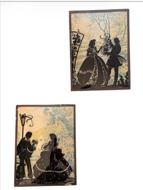Pair of antique reverse painted bubble glass silhouettes